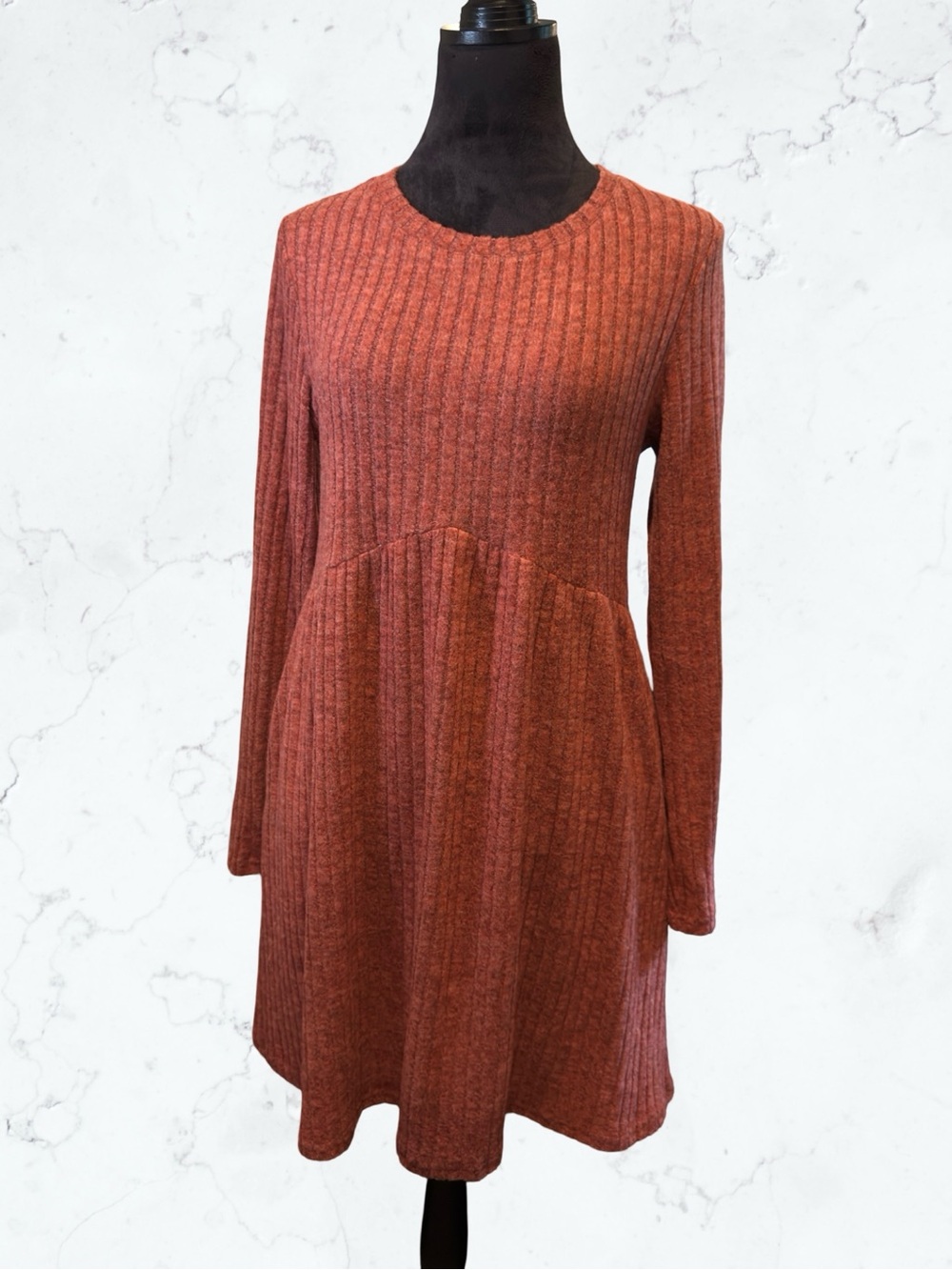 OFEEFAN Ribbed Knit Long Sleeve Tunic Dress Boho Casual Pockets Empire Waist M - Picture 2 of 13